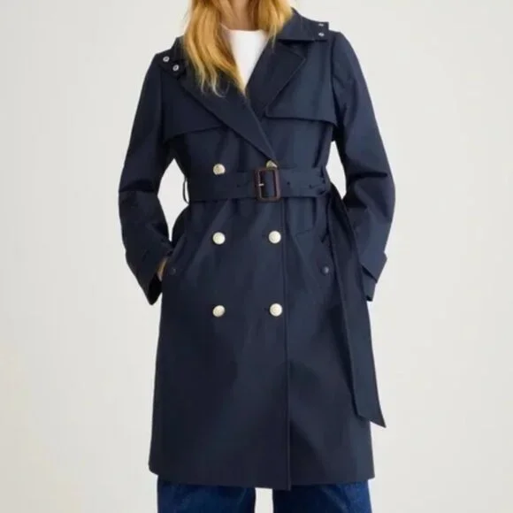 J. Crew Navy Icon Double-Breasted Belted Hooded Cotton Petite Trench Coat SZ 2P - Picture 3 of 13